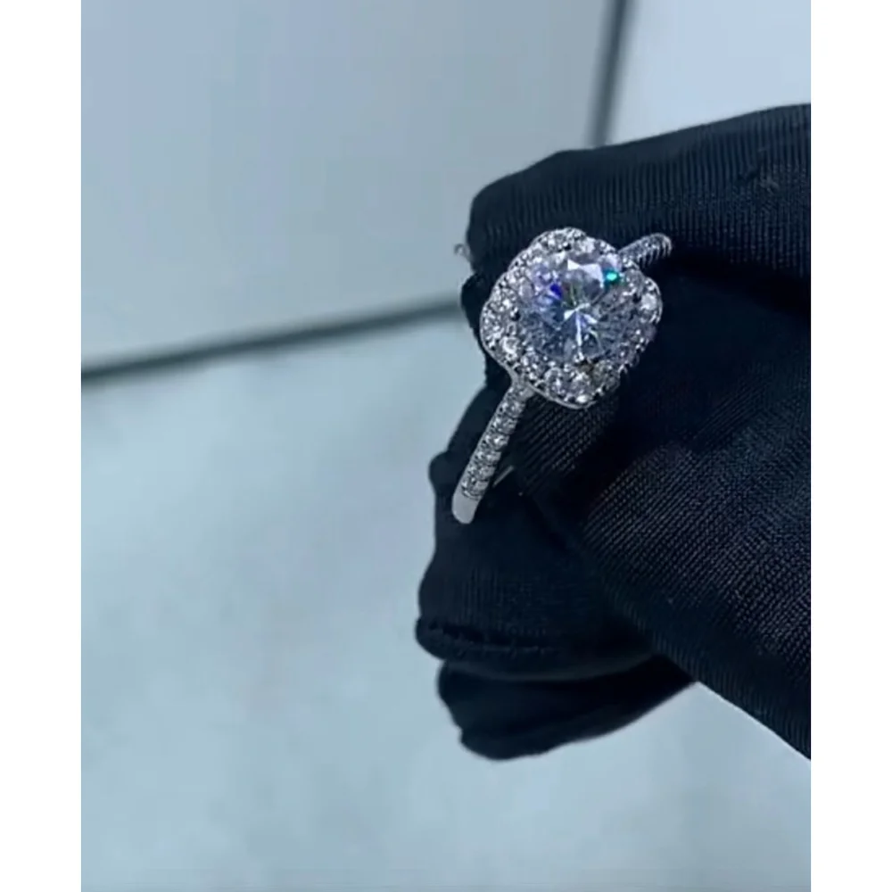 NEW 2 Ct Pave Halo Round Platinum S925 Diamond Engagement‎ Ring | Sz 7.5 NEW
